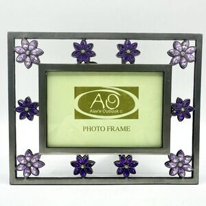 Vintage Purple Lavender Rhinestone Gem Flowers Metal Picture Photo Frame